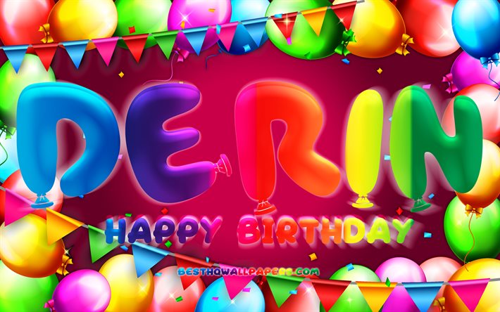 お誕生日おめでDerin, 4k, カラフルバルーンフレーム, 名深, 紫色の背景, Derinお誕生日おめで, Derin誕生日, 人気のトルコの女性の名前, 誕生日プ, 深い
