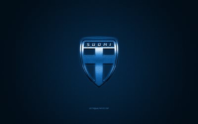 Finland national football team, emblem, UEFA, blue logo, blue fiber background, Finland football team logo, football, Finland