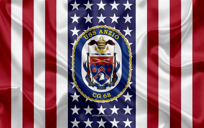 uss anzio-emblem, cg-68, amerikanische flagge, us navy, usa, uss anzio abzeichen, us-kriegsschiff, wappen des uss anzio