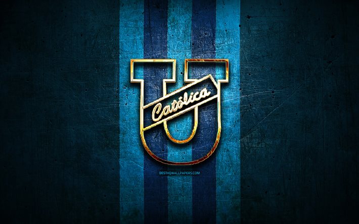 Universidad Catolica FC, golden logo, Ecuadorian Serie A, blue metal background, football, CD Universidad Catolica del Ecuador, Ecuadorian football club, Catolica logo, soccer, Ecuador
