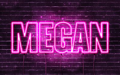 megan, 4k, tapeten, die mit namen, weibliche namen, megan name, purple neon lights, horizontal, text, bild mit megan namen