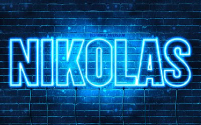 Nikolas, 4k, fondos de pantalla con los nombres, el texto horizontal, Nikolas nombre, luces azules de ne&#243;n, de la imagen con el nombre Nikolas