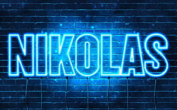 Nikolas, 4k, wallpapers with names, horizontal text, Nikolas name, blue neon lights, picture with Nikolas name