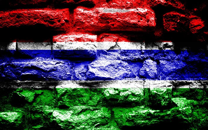 Gambia flag, grunge brick texture, Flag of Gambia, flag on brick wall, Gambia, flags of Africa countries