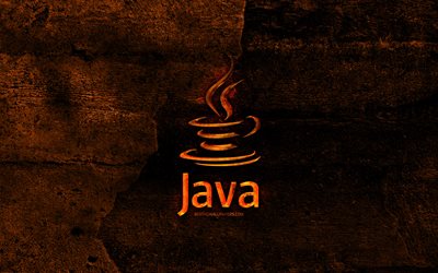 java-fiery-logo, programmiersprache, orange, stein, hintergrund, kreativ, java-logo, programmiersprache anzeichen, java
