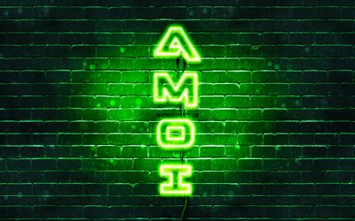 4K, Amoiグリーン-シンボルマーク, テキストの垂直, 緑brickwall, Amoiネオンのロゴ, 創造, Amoiロゴ, 作品, Amoi