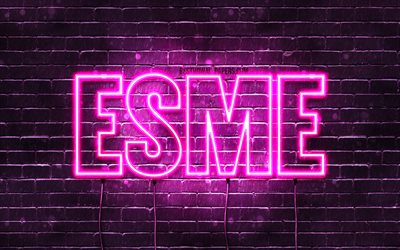 Esme, 4k, 壁紙名, 女性の名前, Esme名, 紫色のネオン, テキストの水平, 写真Esme名