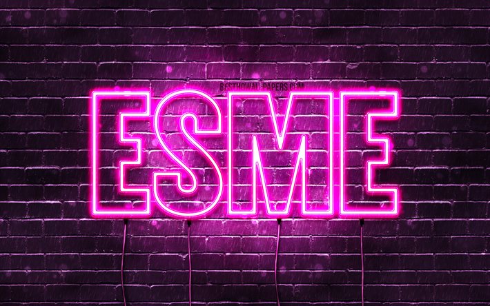 Esme, 4k, wallpapers with names, female names, Esme name, purple neon lights, horizontal text, picture with Esme name
