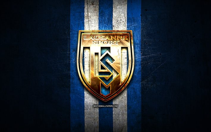 FC Lausanne, de oro logotipo, Swiss Super League, azul metal de fondo, el f&#250;tbol, el FC Lausanne, suiza, club de f&#250;tbol, Lausana, logo, futbol, Suiza