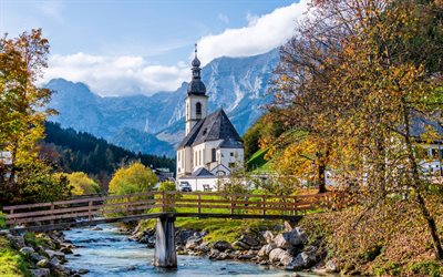 St Sebastian Church, mountain landscape, spring, river, Ramsauer Ache River, Bavarian Alps, Bavaria, Germany