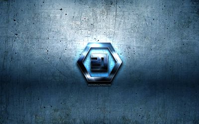 Emercoin metal logo, grunge, cryptocurrency, blue metal background, Emercoin, creative, Emercoin logo