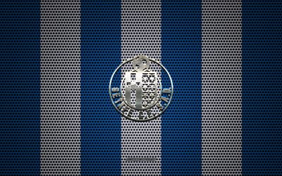 Getafe CF logo, Spanish football club, metal emblem, blue white metal mesh background, Getafe CF, La Liga, Getafe, Spain, football