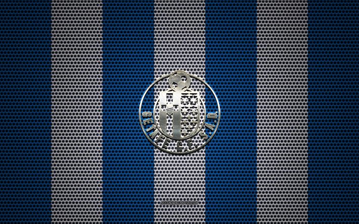 El Getafe CF logotipo, club de f&#250;tbol espa&#241;ol, emblema de metal, azul, blanco, malla de metal de fondo, el Getafe CF, La Liga, el Getafe, Espa&#241;a, f&#250;tbol