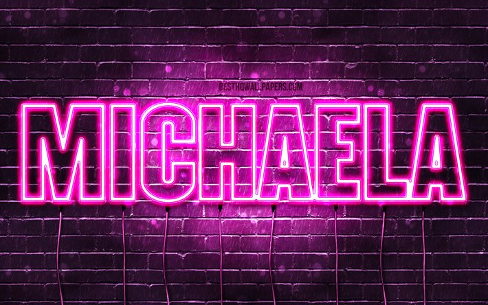 Michaela, 4k, fondos de pantalla con los nombres, los nombres femeninos, Michaela nombre, p&#250;rpura luces de ne&#243;n, el texto horizontal, imagen con el nombre Micaela