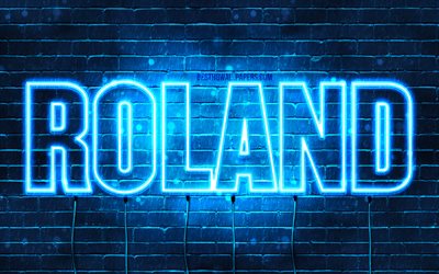 Roland, 4k, fondos de pantalla con los nombres, el texto horizontal, Roland nombre, luces azules de ne&#243;n, de la imagen con el nombre de Roland