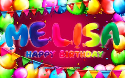 お誕生日おめでMelisa, 4k, カラフルバルーンフレーム, Melisa名, 紫色の背景, Melisaお誕生日おめで, Melisa誕生日, 人気のトルコの女性の名前, 誕生日プ, Melisa