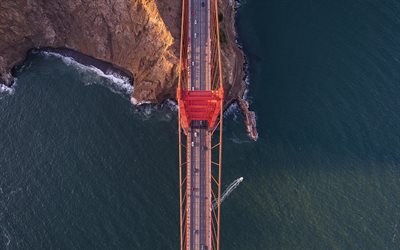 Golden Gate Bridge, San Francisco, top view, aerial view, sunset, evening, red bridge, California, USA