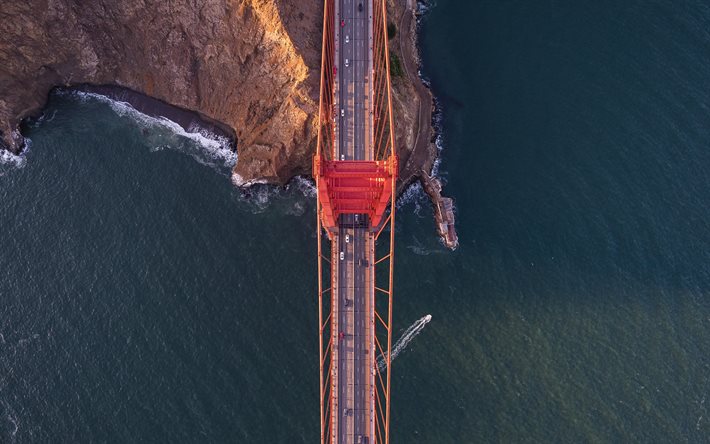 Il Golden Gate Bridge, San Francisco, vista dall&#39;alto, veduta aerea, tramonto, sera, ponte rosso, California, USA