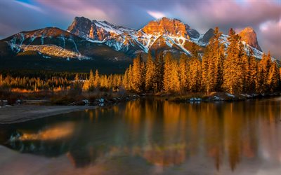 lac de montagne, soir&#233;e, coucher du soleil, printemps, paysage de montagne, &#233;tats-unis