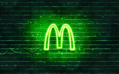 McDonalds green logo, 4k, green brickwall, McDonalds logo, brands, McDonalds neon logo, McDonalds