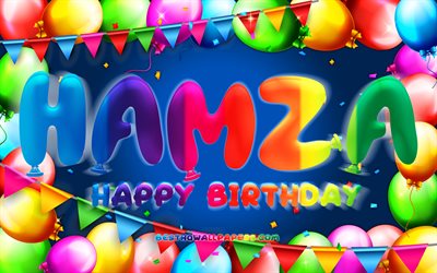 Feliz Cumplea&#241;os Hamza, 4k, colorido globo marco, Hamza nombre, fondo azul, Hamza Feliz Cumplea&#241;os, Hamza Cumplea&#241;os, popular turco de los nombres masculinos, Cumplea&#241;os concepto, Hamza