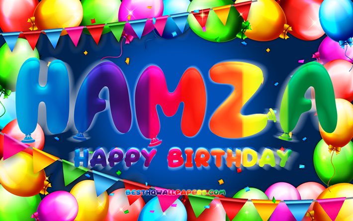 Buon Compleanno Hamza, 4k, palloncino colorato telaio, Hamza nome, sfondo blu, Hamza buon Compleanno, Hamza Compleanno, popolare turca nomi maschili, feste di Compleanno, concetto, Hamza