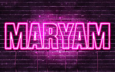 Maryam, 4k, wallpapers with names, female names, Maryam name, purple neon lights, horizontal text, picture with Maryam name