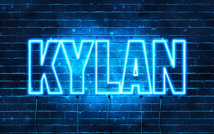 Kylan, 4k, pap&#233;is de parede com os nomes de, texto horizontal, Kylan nome, luzes de neon azuis, imagem com Kylan nome