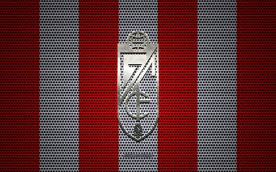 Granada CF logo, Spanish football club, metal emblem, red white metal mesh background, Granada CF, La Liga, Granada, Spain, football
