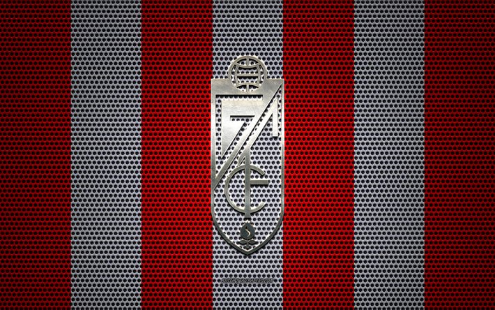 Granada CF-logotyp, Spansk fotbollsklubb, metall emblem, r&#246;d vit metalln&#228;t bakgrund, Granada CF, Ligan, Granada, Spanien, fotboll