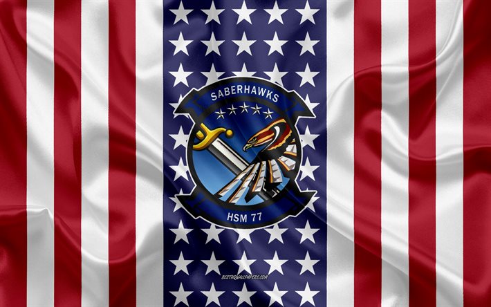 helicopter maritime strike squadron 77, hsm-77 saberhawks emblem, american flag, us-navy, usa, hsm-77 saberhawks abzeichen, us-kriegsschiff, wappen der hsm-77 saberhawks