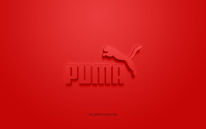 プーマのロゴ, 赤い背景, プーマ3Dロゴ, 3Dアート, アメリカジシ, ブランドロゴ, 赤い3Dプーマのロゴ