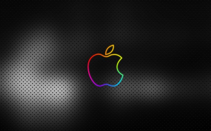 Logo abstrait d’Apple, 4K, fond de grille en m&#233;tal, logo d’Apple, minimalisme, cr&#233;ateur, Apple