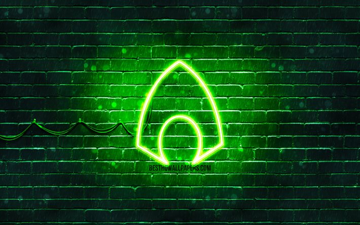Aquaman green logo, 4k, green brickwall, Aquaman logo, superheroes, Aquaman neon logo, Aquaman