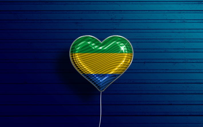 Gabon&#39;u Seviyorum, 4k, ger&#231;ek&#231;i balonlar, yeşil ahşap arka plan, Afrika &#252;lkeleri, Gabon bayrak kalbi, favori &#252;lkeler, Gabon bayrağı, bayraklı balon, Gabon, Aşk Gabon