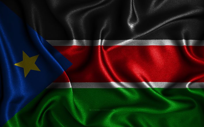 Sydsudanesisk flagga, 4k, v&#229;giga sidenflaggor, afrikanska l&#228;nder, nationella symboler, Sydsudans flagga, tygflaggor, 3D-konst, Sydsudan, Afrika, Sydsudans 3D-flagga