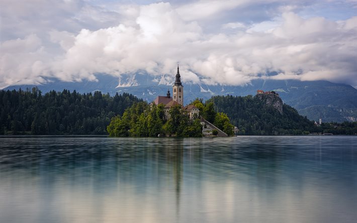 4k, Church of the Mother of God, beautiful nature, Lake Bled, summer, Julian Alps, mountains, Carniolan, Slovenia, Europe