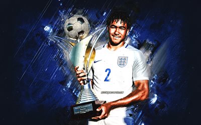Reece James, England national football team, english soccer player, Reece James with cup, England, soccer, blue stone background