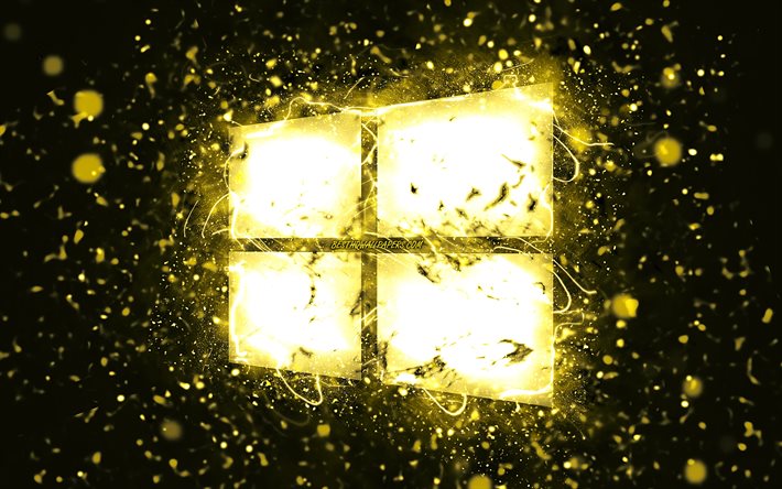windows 10 gelbes logo, 4k, gelbe neonlichter, kreativ, gr&#252;ner abstrakter hintergrund, windows 10-logo, betriebssystem, windows 10