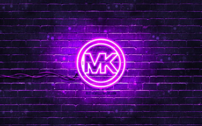 Michael Kors menekşe logosu, 4k, menekşe brickwall, Michael Kors logosu, moda markaları, Michael Kors neon logosu, Michael Kors