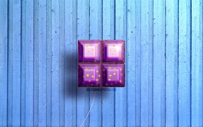 4k, Microsoftロゴ, 紫のリアルな風船, Microsoft3Dロゴ, 青い木製の背景, Microsoft