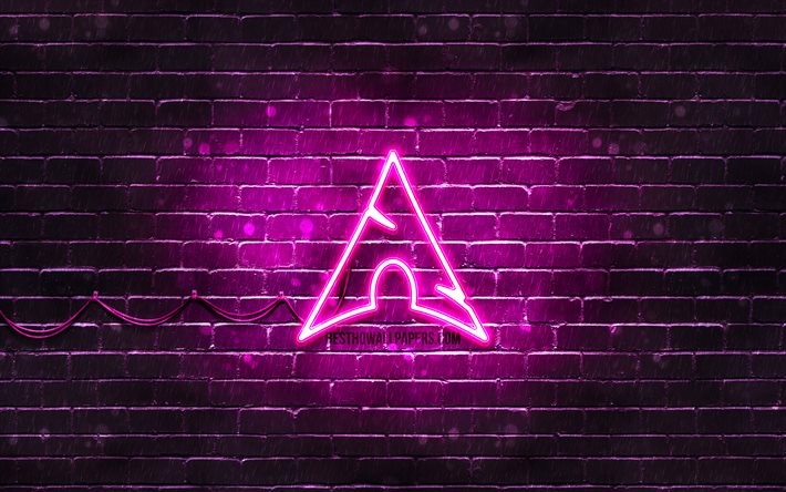 Arch Linux violetti logo, 4k, OS, violetti tiilisein&#228;, Arch Linux logo, Linux, Arch Linux neon logo, Arch Linux