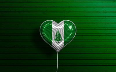 I Love Norfolk Island, 4k, realistic balloons, green wooden background, Oceanian countries, Norfolk Island flag heart, favorite countries, flag of Norfolk Island, balloon with flag, Norfolk Island flag, Oceania, Love Tokelau