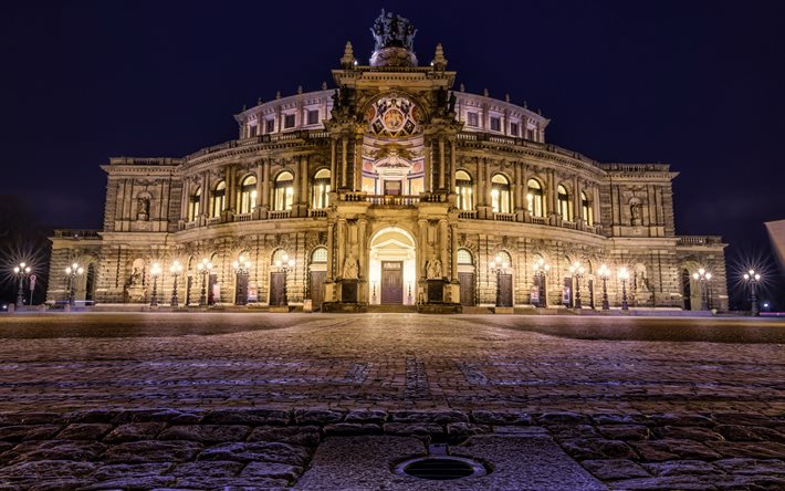 Dresden, Semperoper, Sakson Devlet Operası, Staatskapelle Dresden, akşam, opera binası, simgesel yapı, Almanya, Sakson Devlet Orkestrası