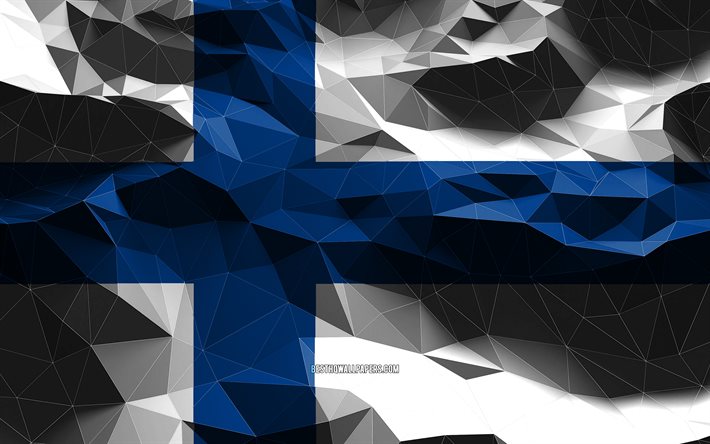 4k, bandiera finlandese, arte low poly, paesi europei, simboli nazionali, bandiera della Finlandia, bandiere 3D, Finlandia, Europa, bandiera 3D della Finlandia