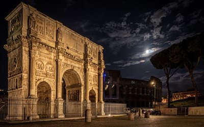 Konstantinuksen kaari, riemukaari, Rooma, maamerkki, ilta, Colosseum, Rooman kaupunkikuva, Italia