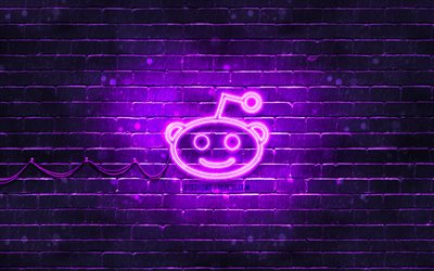 Logo violet Reddit, 4k, brickwall violet, logo Reddit, r&#233;seaux sociaux, logo n&#233;on Reddit, Reddit