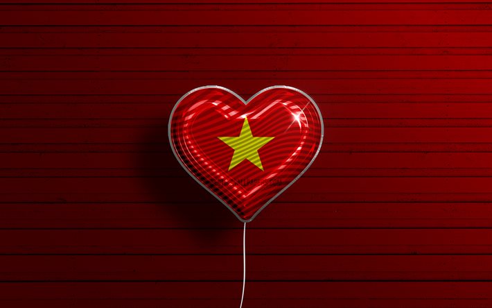 J&#39;aime le Vietnam, 4k, ballons r&#233;alistes, fond en bois rouge, pays asiatiques, coeur de drapeau vietnamien, pays pr&#233;f&#233;r&#233;s, drapeau du Vietnam, ballon avec drapeau, drapeau vietnamien, Vietnam, amour du Vietnam