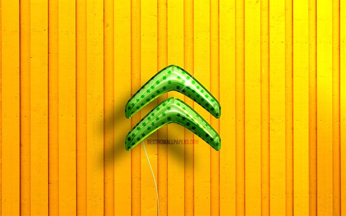Logo Citroen 3D, 4K, palloncini realistici verdi, sfondi in legno gialli, marchi di automobili, logo Citroen, Citroen