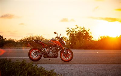 KTM 200 Duke, 4k, coucher de soleil, motos 2021, vue de c&#244;t&#233;, superbikes, 2021 KTM 200 Duke, KTM